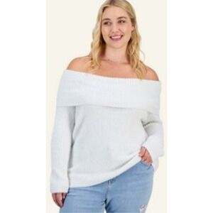 Pink Rose White Metallic Shimmer Eyelash Knit Off Shoulder Sweater XL NWT